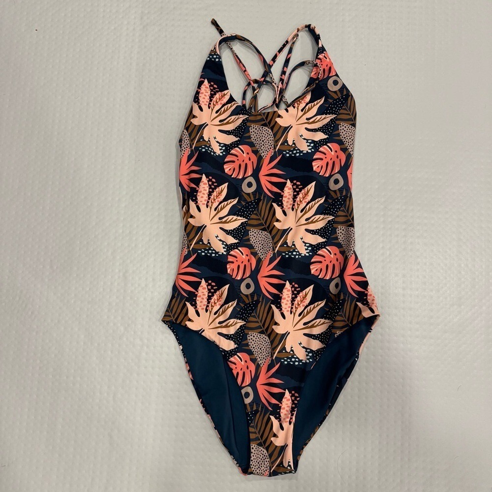 Senita Athletics One Piece Swimsuit Tropical Floral XL Navy Pink Women